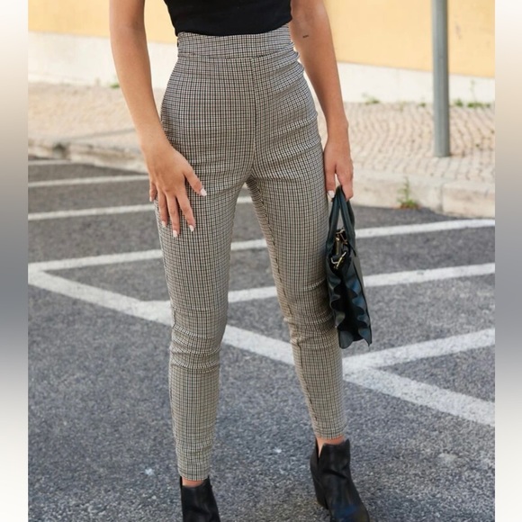 New SHEIN High Rise Plaid Skinny Pants Brown Black L - Picture 1 of 11
